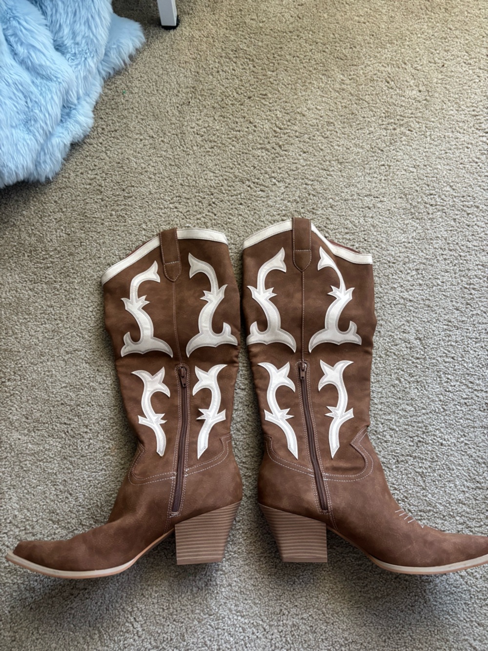 Oasis Society Brown Suede Western Knee-High Boots with White Stitching - Picture 3 of 7
